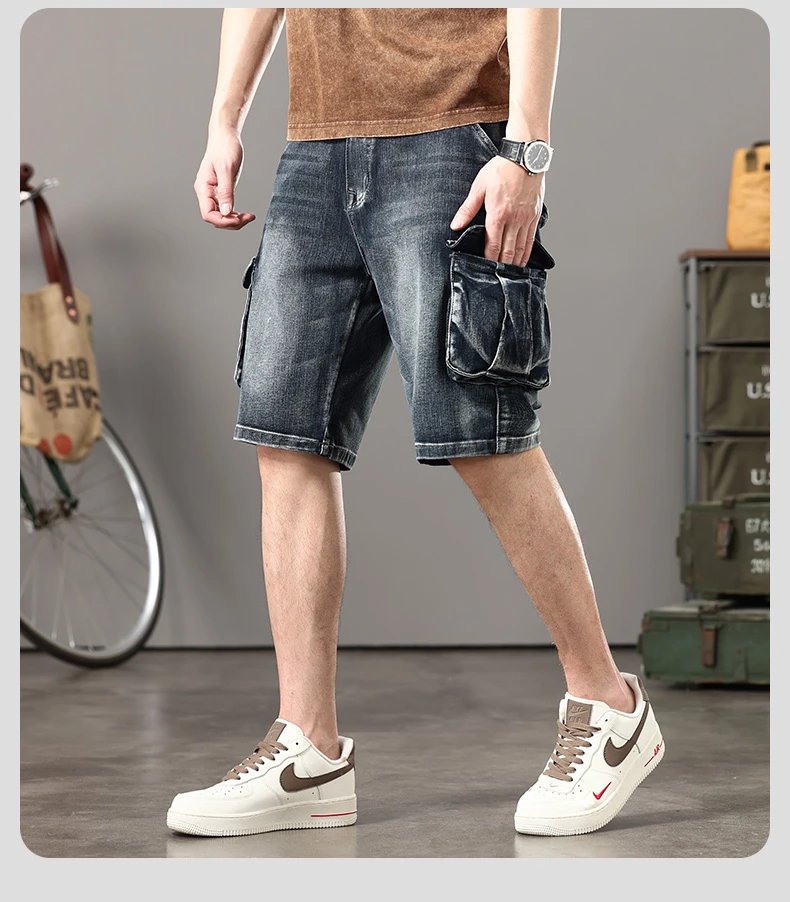 Summer new elastic American retro multi -pocket tools for denim shorts, men's pants pants loose, large size three -color