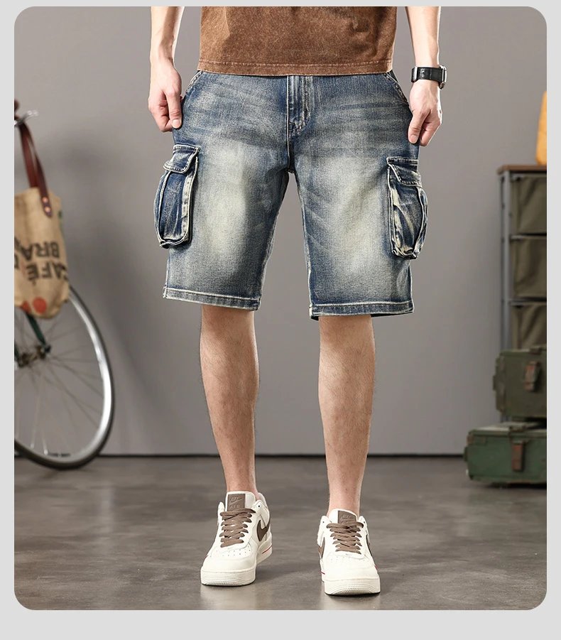 Summer new elastic American retro multi -pocket tools for denim shorts, men's pants pants loose, large size three -color