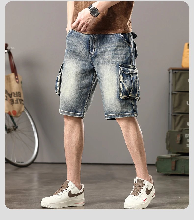 Summer new elastic American retro multi -pocket tools for denim shorts, men's pants pants loose, large size three -color