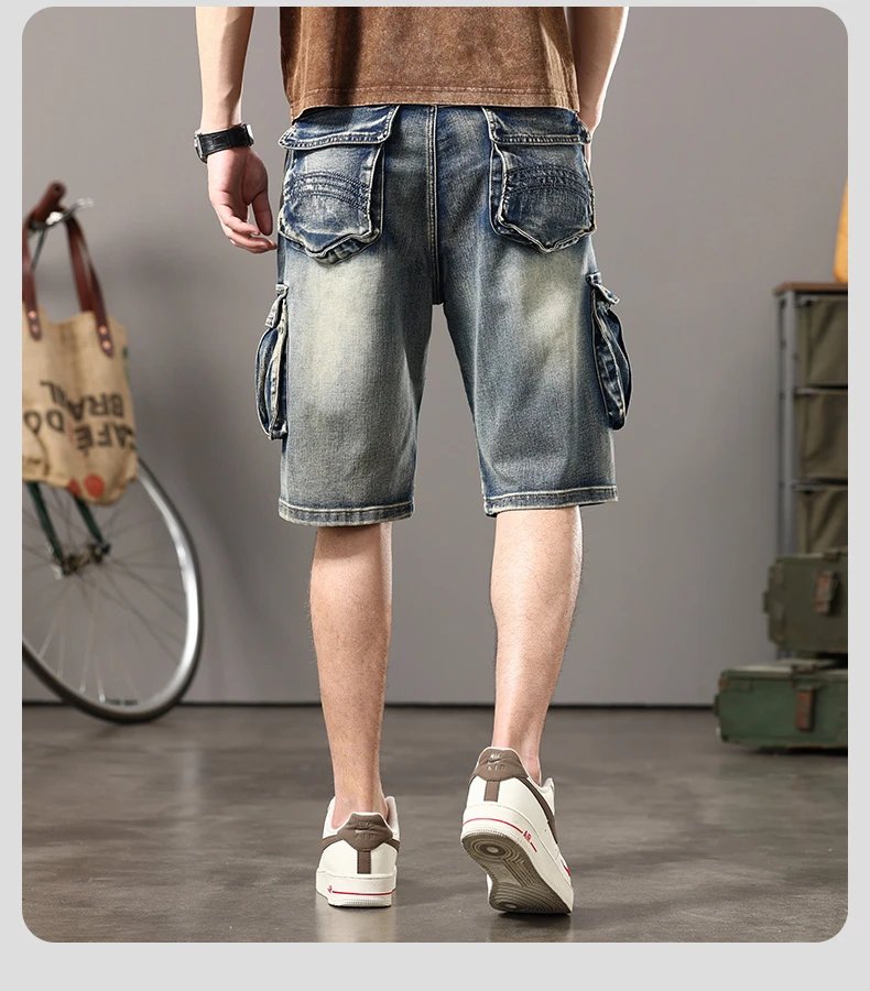 Summer new elastic American retro multi -pocket tools for denim shorts, men's pants pants loose, large size three -color