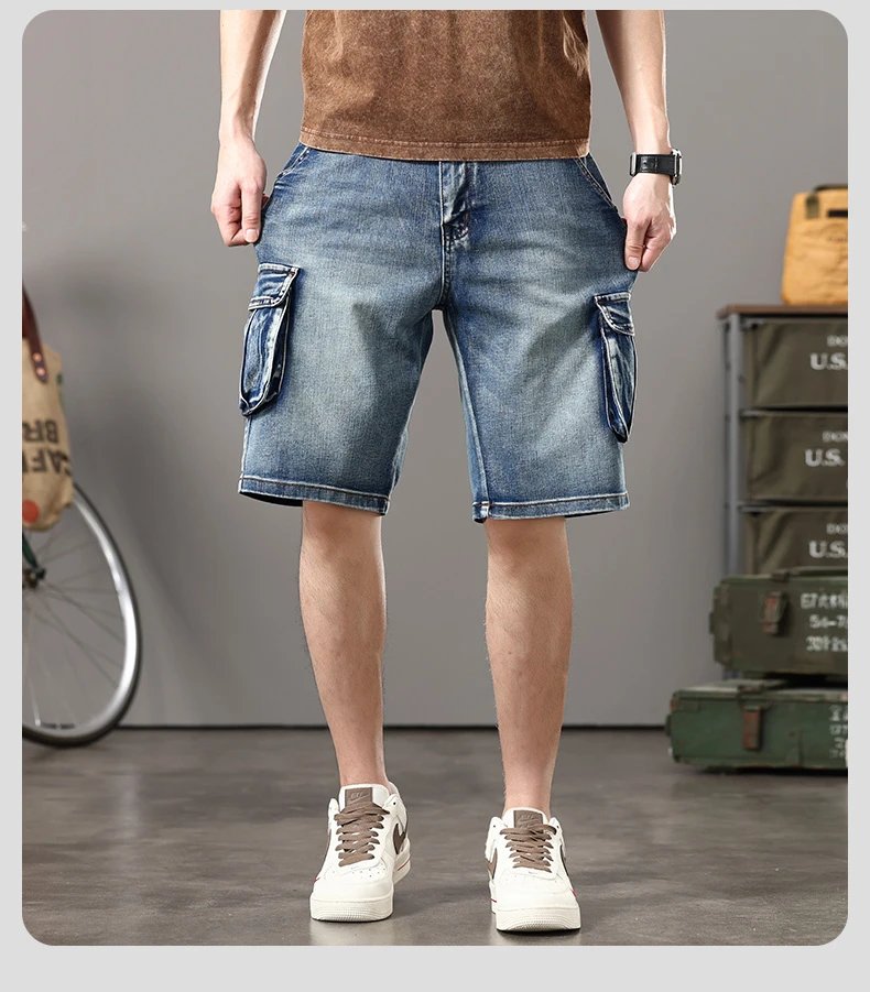Summer new elastic American retro multi -pocket tools for denim shorts, men's pants pants loose, large size three -color