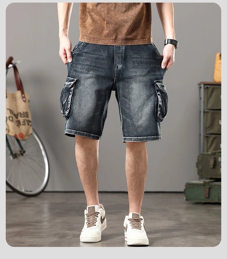 Summer new elastic American retro multi -pocket tools for denim shorts, men's pants pants loose, large size three -color