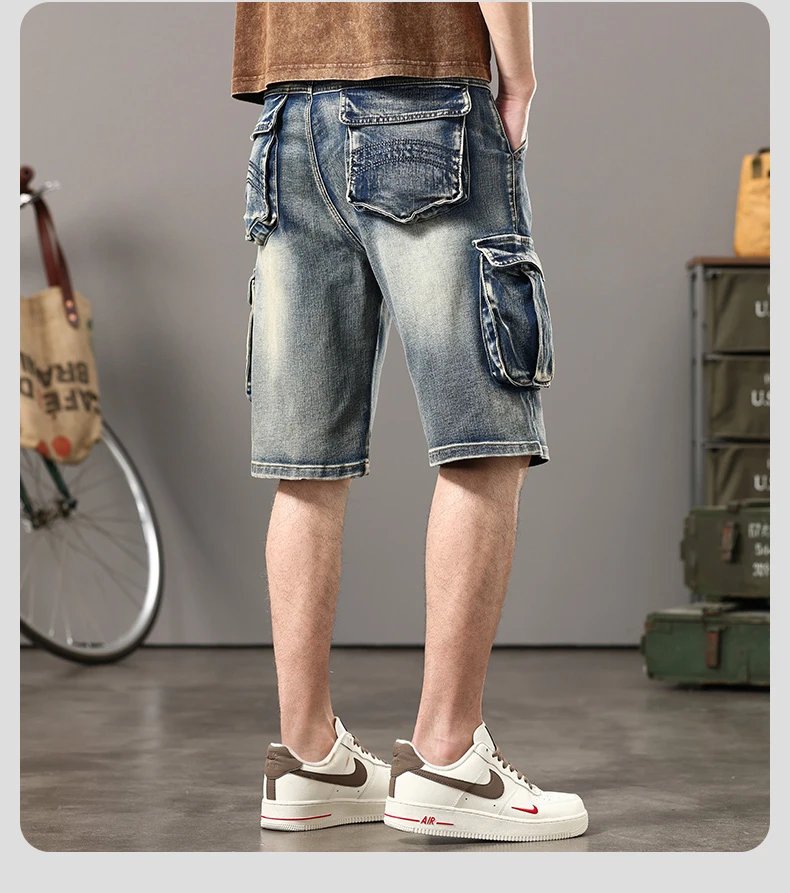Summer new elastic American retro multi -pocket tools for denim shorts, men's pants pants loose, large size three -color