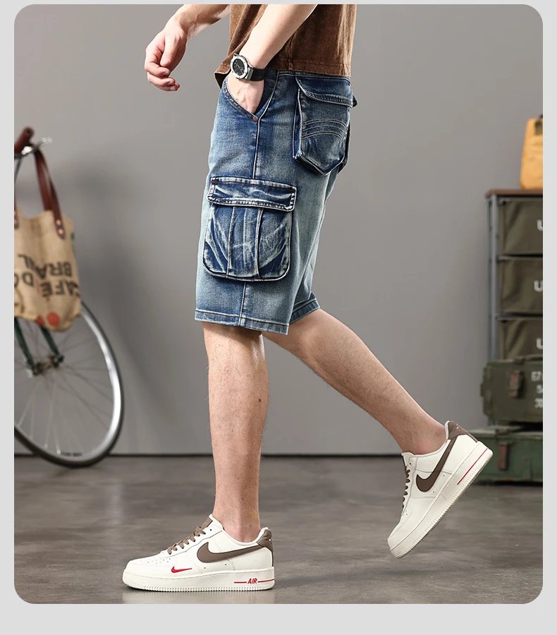 Summer new elastic American retro multi -pocket tools for denim shorts, men's pants pants loose, large size three -color