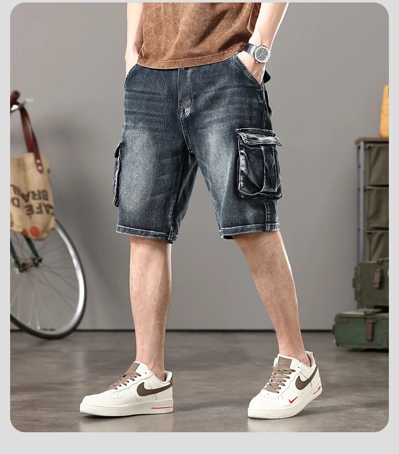 Summer new elastic American retro multi -pocket tools for denim shorts, men's pants pants loose, large size three -color