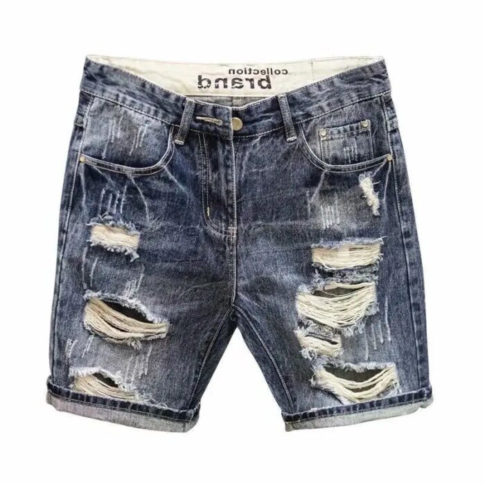 Fashion Vintage Korean Men's Summer Denim Shorts with Distressed Holes Slim Fit Distressed Holes Designer Luxury Clothing Men - Image 5