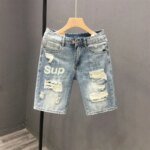 Fashion Vintage Korean Men's Summer Denim Shorts with Distressed Holes Slim Fit Distressed Holes Designer Luxury Clothing Men - Image 6