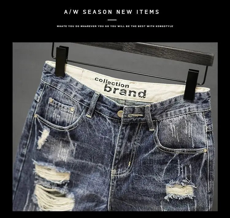 Fashion Vintage Korean Men's Summer Denim Shorts with Distressed Holes Slim Fit Distressed Holes Designer Luxury Clothing Men