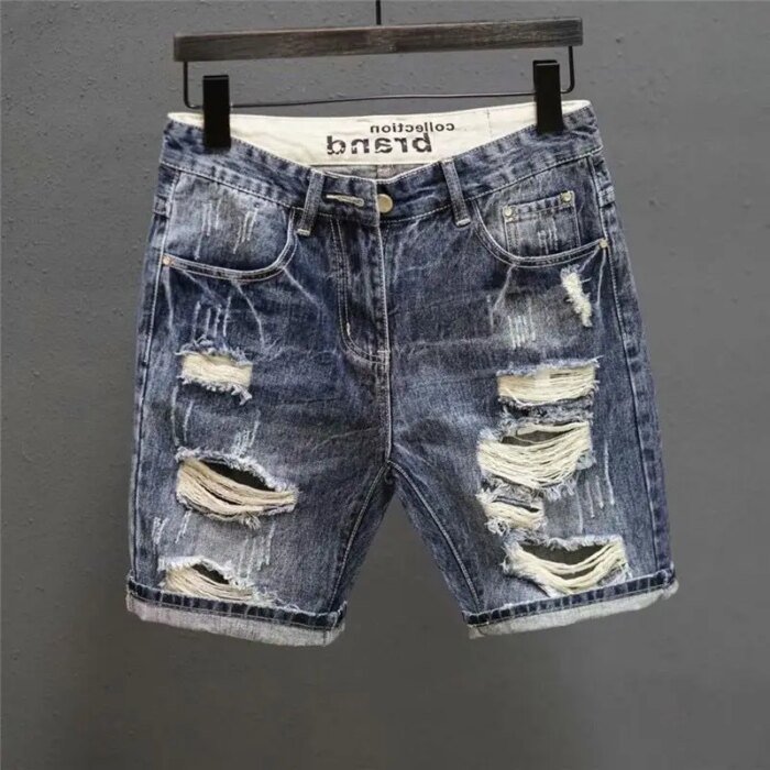 Fashion Vintage Korean Men's Summer Denim Shorts with Distressed Holes Slim Fit Distressed Holes Designer Luxury Clothing Men - Image 1