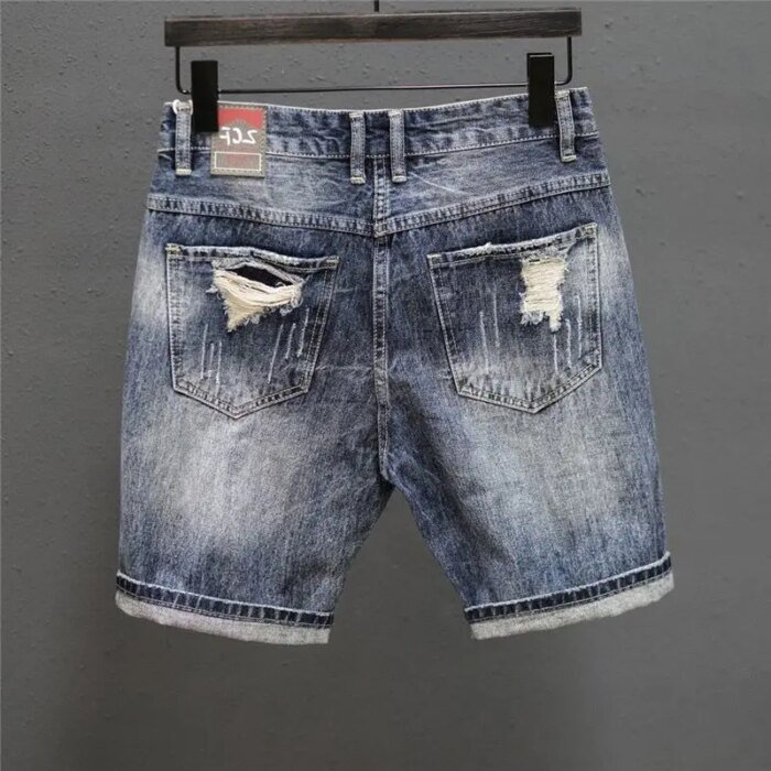 Fashion Vintage Korean Men's Summer Denim Shorts with Distressed Holes Slim Fit Distressed Holes Designer Luxury Clothing Men - Image 2