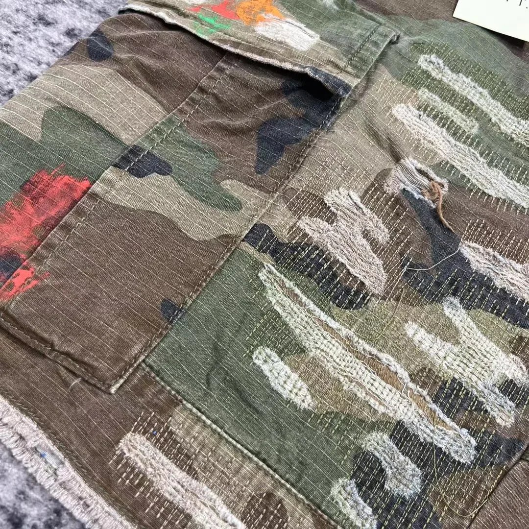 Summer Fashion Camouflage Splicing Leather Letter Washed Retro Knee Jeans Men Women Shorts