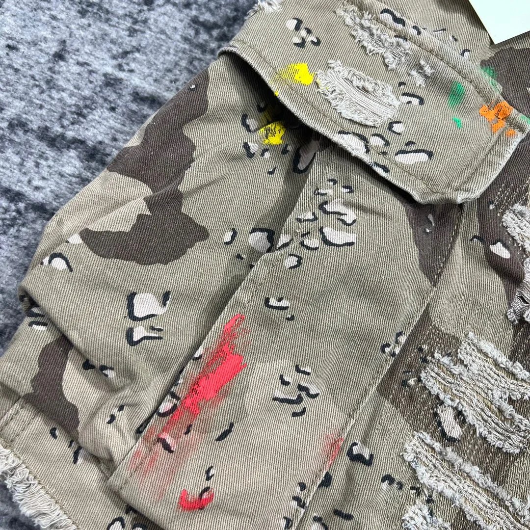 Summer Fashion Camouflage Splicing Leather Letter Washed Retro Knee Jeans Men Women Shorts