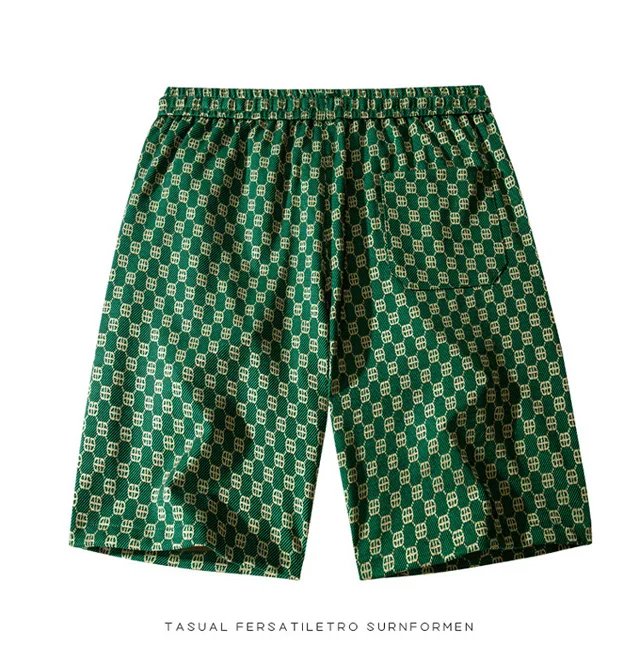 Summer ice silk plaid shorts, men's thin fashion brand loose casual sports over knee quick drying beach vacation striped shorts