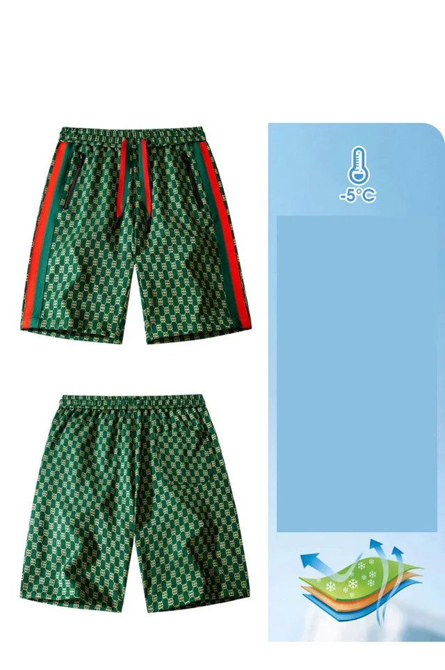 Summer ice silk plaid shorts, men's thin fashion brand loose casual sports over knee quick drying beach vacation striped shorts