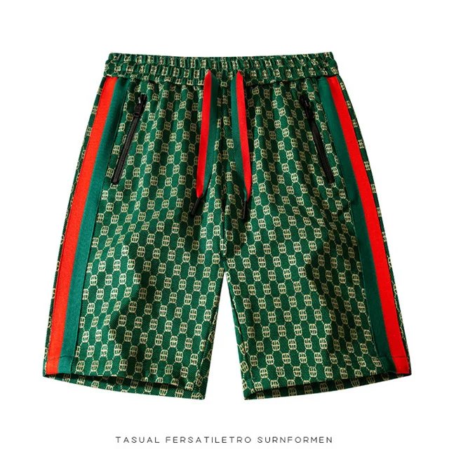 Summer ice silk plaid shorts, men's thin fashion brand loose casual sports over knee quick drying beach vacation striped shorts