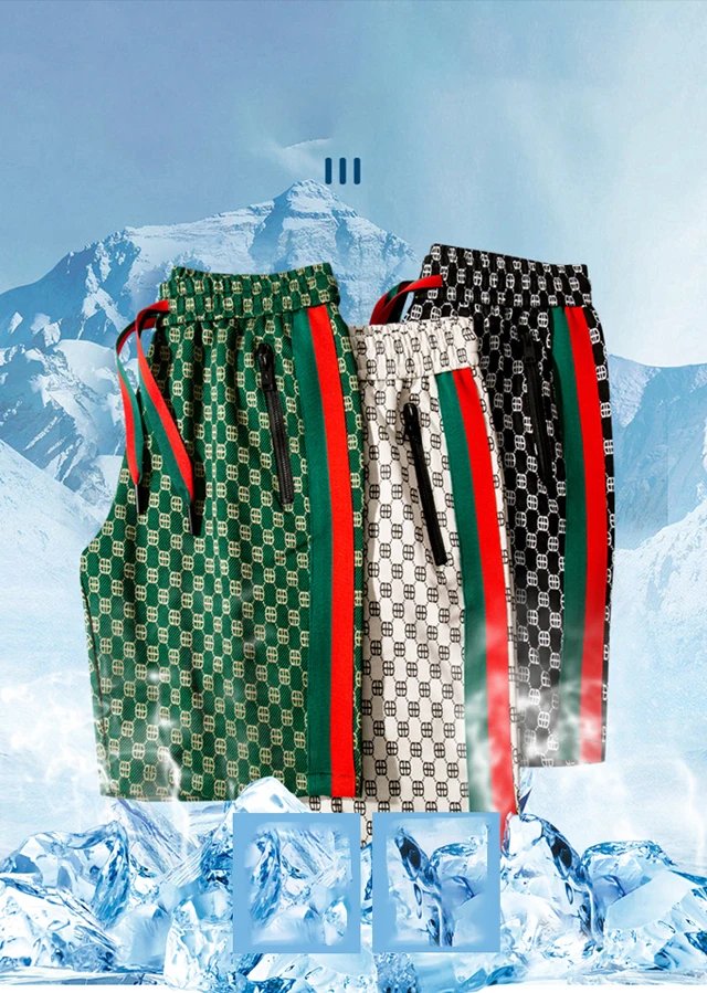 Summer ice silk plaid shorts, men's thin fashion brand loose casual sports over knee quick drying beach vacation striped shorts
