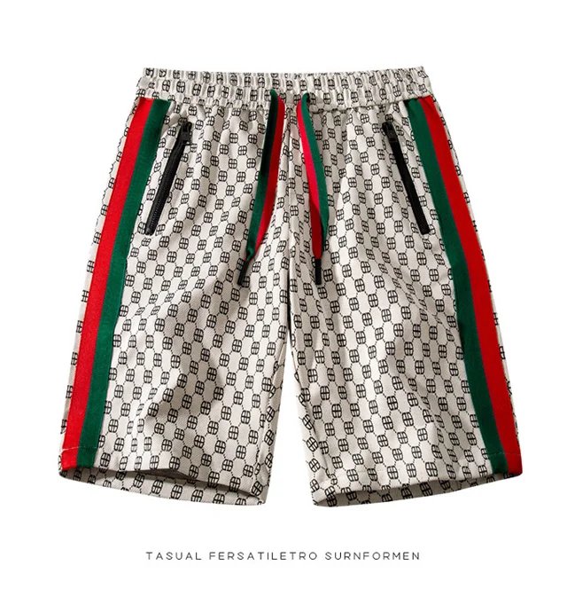 Summer ice silk plaid shorts, men's thin fashion brand loose casual sports over knee quick drying beach vacation striped shorts