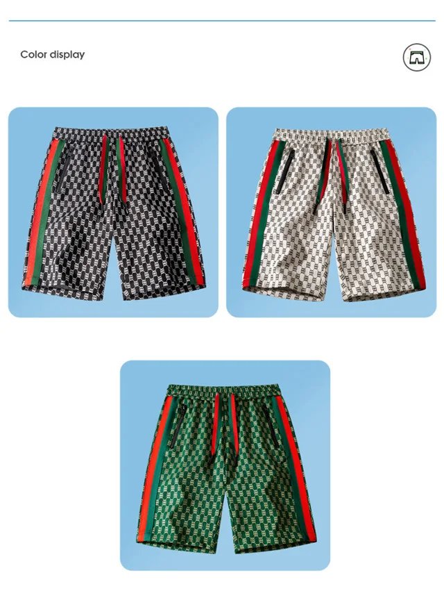Summer ice silk plaid shorts, men's thin fashion brand loose casual sports over knee quick drying beach vacation striped shorts