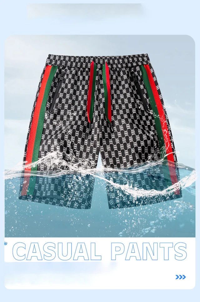 Summer ice silk plaid shorts, men's thin fashion brand loose casual sports over knee quick drying beach vacation striped shorts