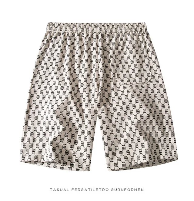 Summer ice silk plaid shorts, men's thin fashion brand loose casual sports over knee quick drying beach vacation striped shorts