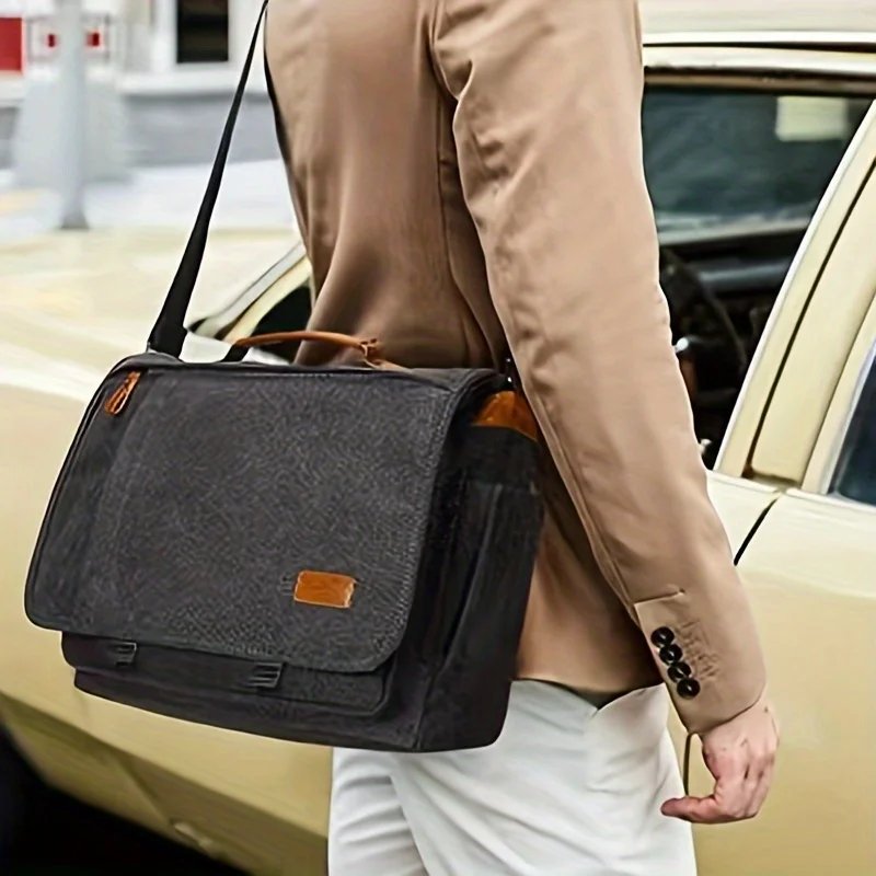 Crazy Horse Leather Men's Crossbody Briefcase Canvas Splashproof Workwear Messenger Bag Computer Tote