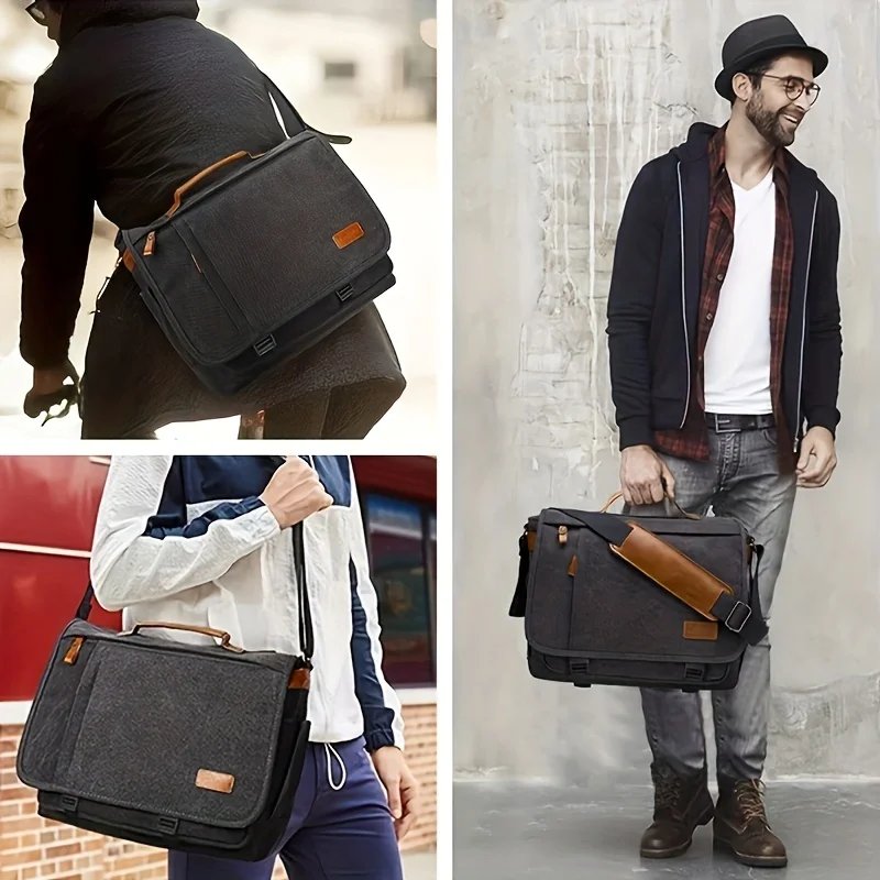 Crazy Horse Leather Men's Crossbody Briefcase Canvas Splashproof Workwear Messenger Bag Computer Tote