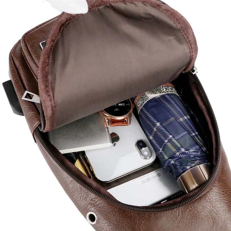 Men Creative Usb Charging Chest Bag Casual Retro Pu Shoulder Bag Outdoor Riding Sports Travel Crossbody Bag
