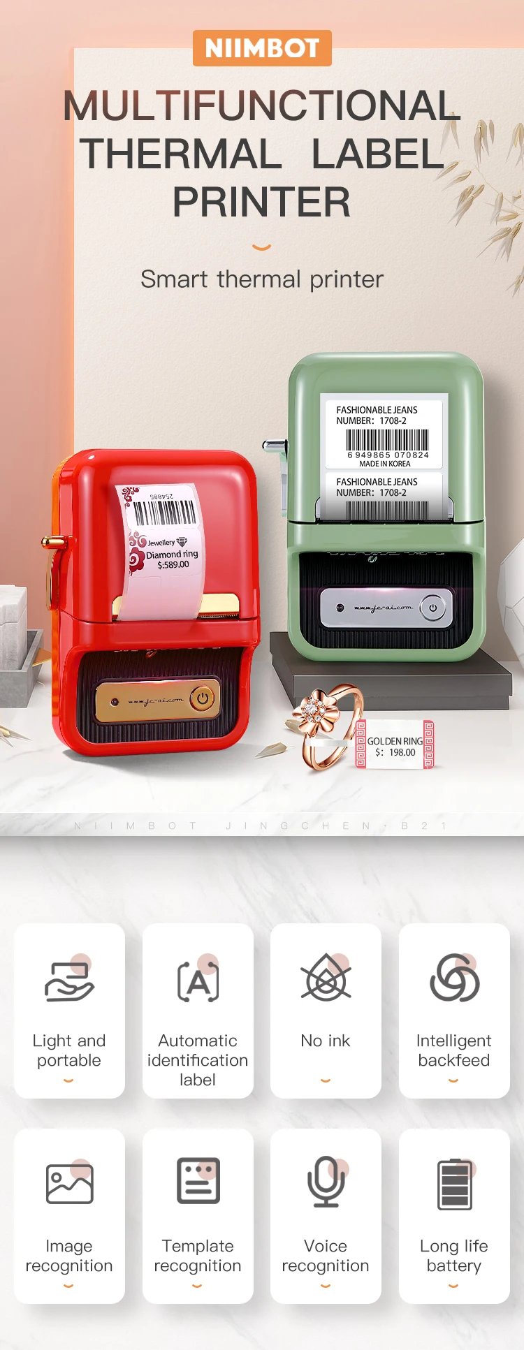 Niimbot B21 Mini Portable Thermal Label Printer Mini Adhesive Sticker Printers for Home Office For Mobile Phone NEW