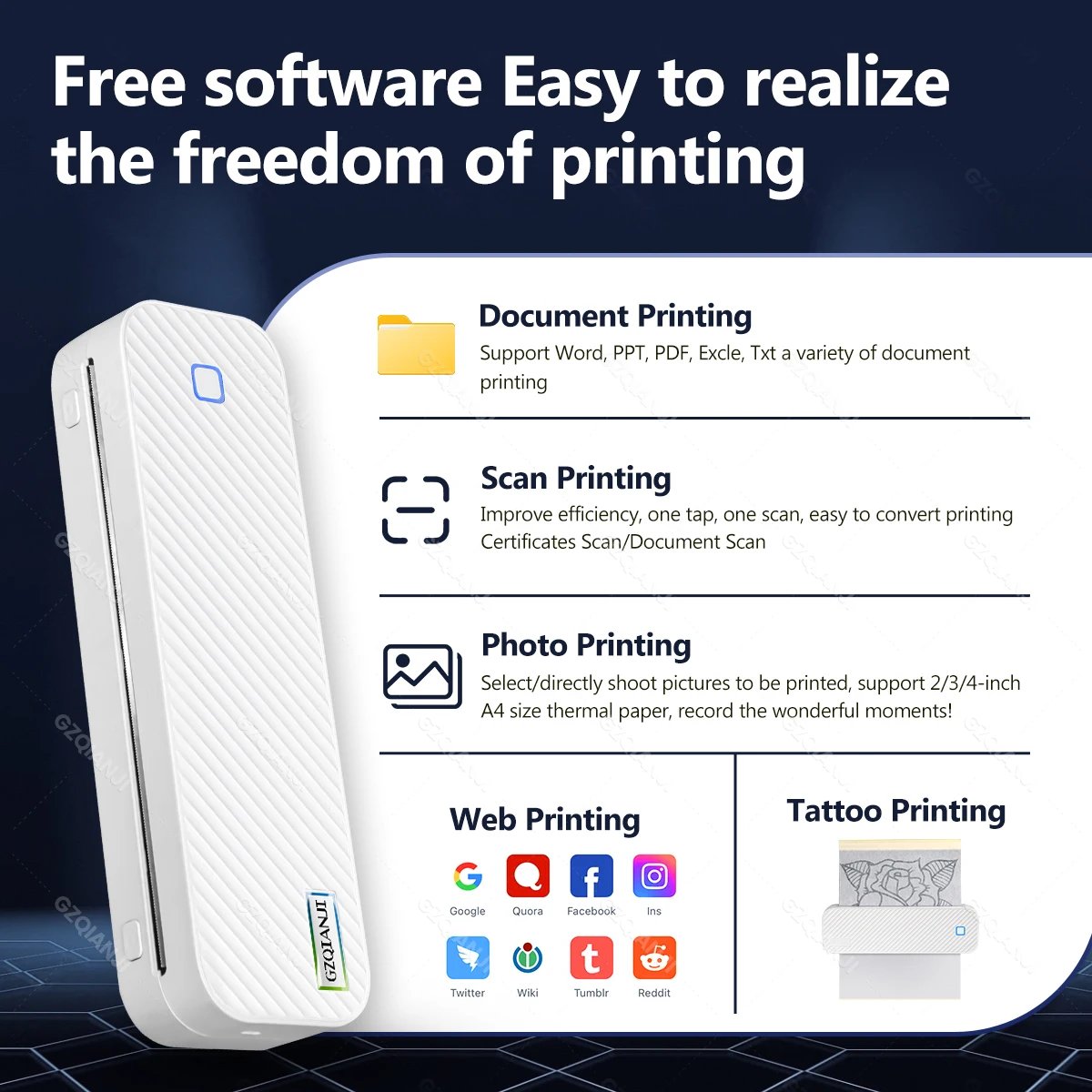 Inkless Portable A4 Thermal Printer Bluetooth PDF Excel Word Document Printing Machine Paper Roll For Office Work Home School
