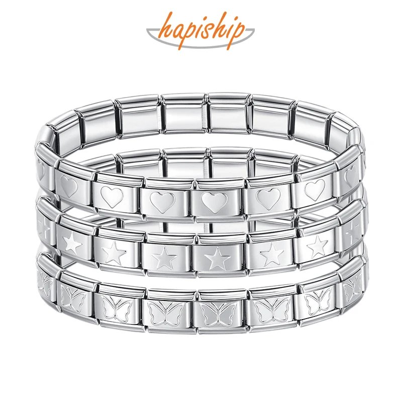Hapiship 2024 Women's Jewelry 9mm Width Itanlian Elastic Star Heart Butterfly Charm Bracelet Fashion Stainless Steel Bangle ST-