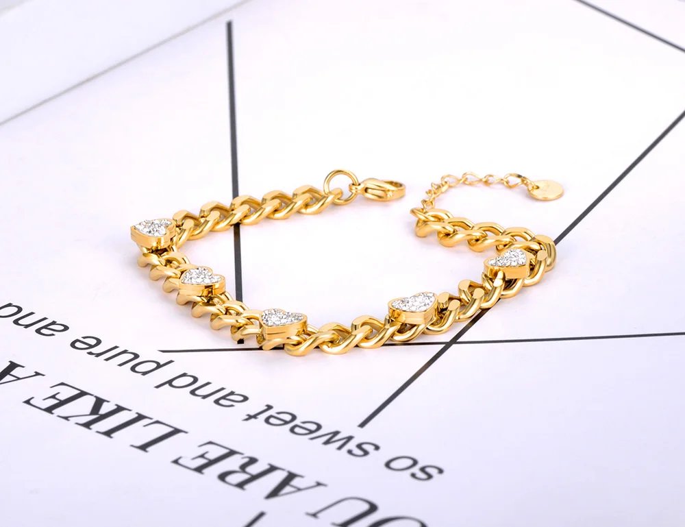 Lokaer Titanium Stainless Steel Chain Link Bracelets Trendy 18K Gold Plated Rhinestone Heart Charm Bracelet For Women B22004