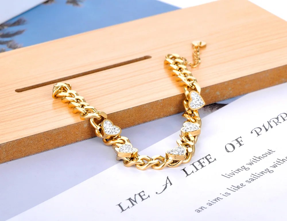Lokaer Titanium Stainless Steel Chain Link Bracelets Trendy 18K Gold Plated Rhinestone Heart Charm Bracelet For Women B22004