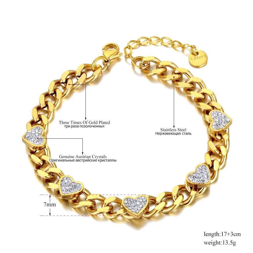 Lokaer Titanium Stainless Steel Chain Link Bracelets Trendy 18K Gold Plated Rhinestone Heart Charm Bracelet For Women B22004