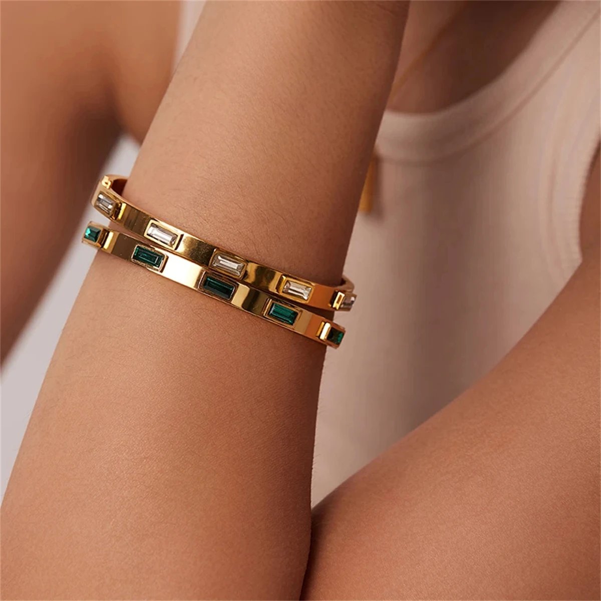 1 Pc Personality 18K Gold Plated Stainless Steel Cubic Zircon Bracelet for Women Waterproof Fashion Jewelry Gift