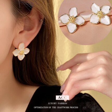 Hibiscus Dropped Glaze Flower Stud Earrings for Women Girl French Ins Vintage Fashion Korean Wedding