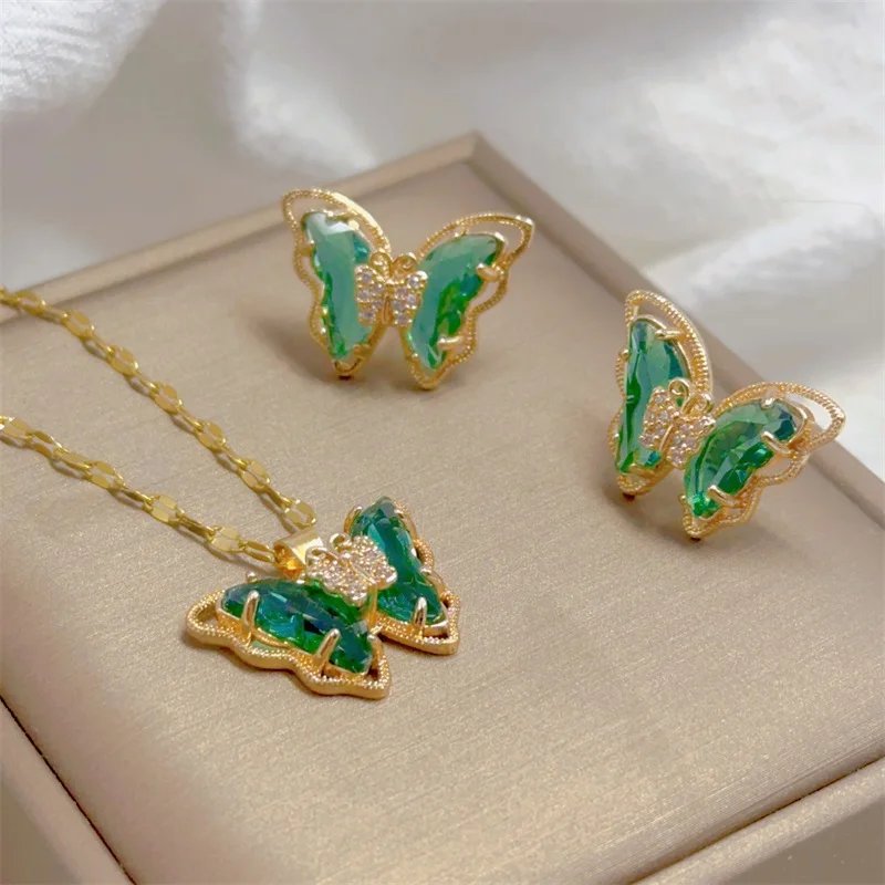 Fashion European and American Cute Micro-inlaid Butterfly Necklace Earrings Set Classic Light Luxury Transparent Stainless Steel