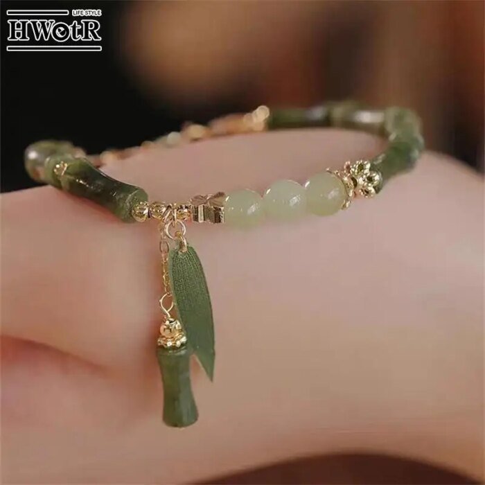 Handmade Green Color Natural Stone Bamboo Joint Leaves Tassel Beads Strand Beaded Bracelet for Women  Accessories - Image 1