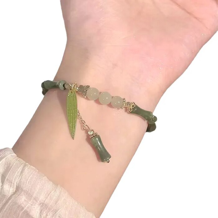 Handmade Green Color Natural Stone Bamboo Joint Leaves Tassel Beads Strand Beaded Bracelet for Women  Accessories - Image 6