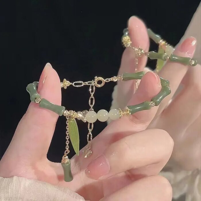 Handmade Green Color Natural Stone Bamboo Joint Leaves Tassel Beads Strand Beaded Bracelet for Women  Accessories - Image 5