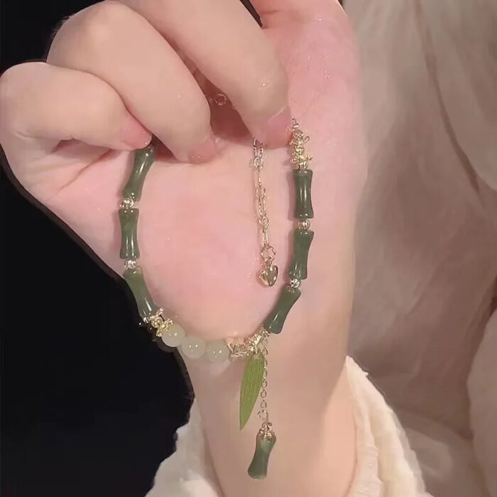 Handmade Green Color Natural Stone Bamboo Joint Leaves Tassel Beads Strand Beaded Bracelet for Women  Accessories - Image 2