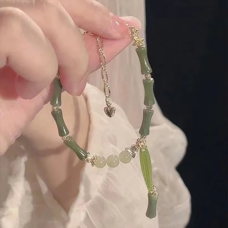 1Pcs Handmade Green Color Natural Stone Bamboo Joint Leaves Tassel Beads Strand Beaded Bracelet for Women Accessories