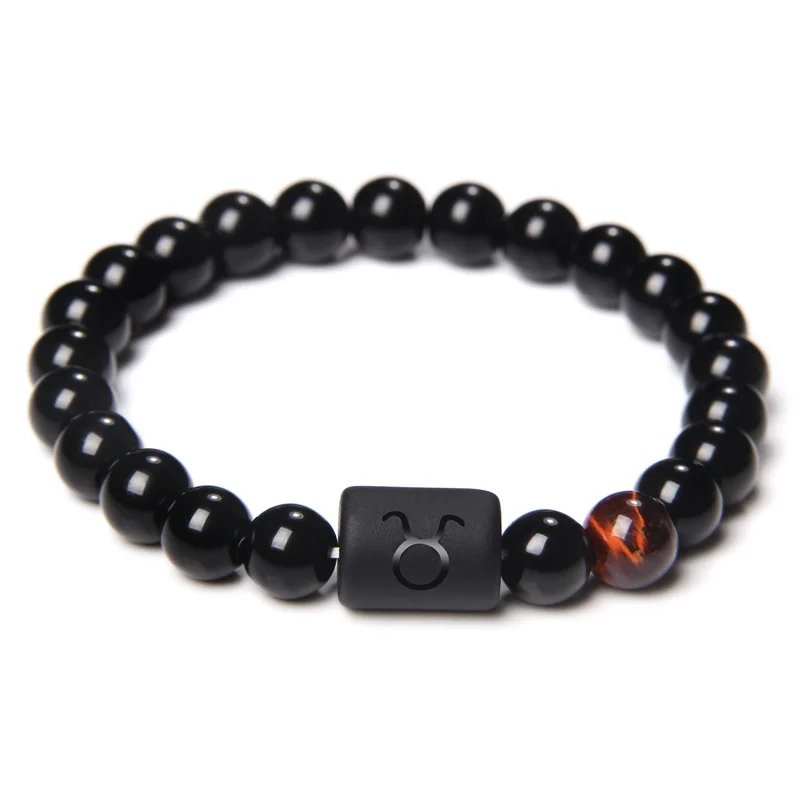 12 Constellation Zodiac Signs Beads Couples Bracelet Natural Black Onyx Stone Elastic Charm Bracelet for Women Men Birthday Gift