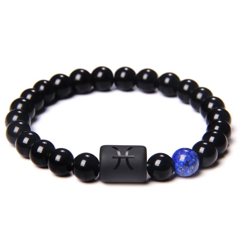 12 Constellation Zodiac Signs Beads Couples Bracelet Natural Black Onyx Stone Elastic Charm Bracelet for Women Men Birthday Gift