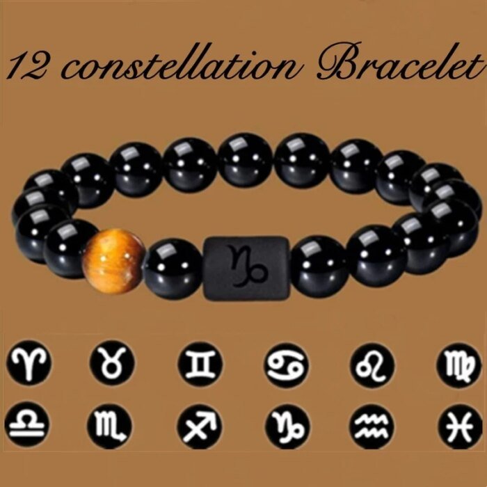 12 Constellation Zodiac Signs Beads Couples Bracelet Natural Black Onyx Stone Elastic Charm Bracelet for Women Men Birthday Gift - Image 1