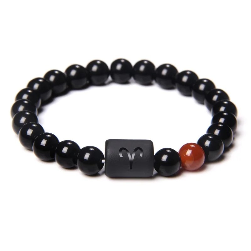 12 Constellation Zodiac Signs Beads Couples Bracelet Natural Black Onyx Stone Elastic Charm Bracelet for Women Men Birthday Gift