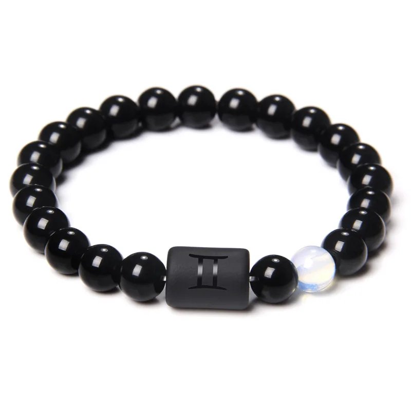 12 Constellation Zodiac Signs Beads Couples Bracelet Natural Black Onyx Stone Elastic Charm Bracelet for Women Men Birthday Gift