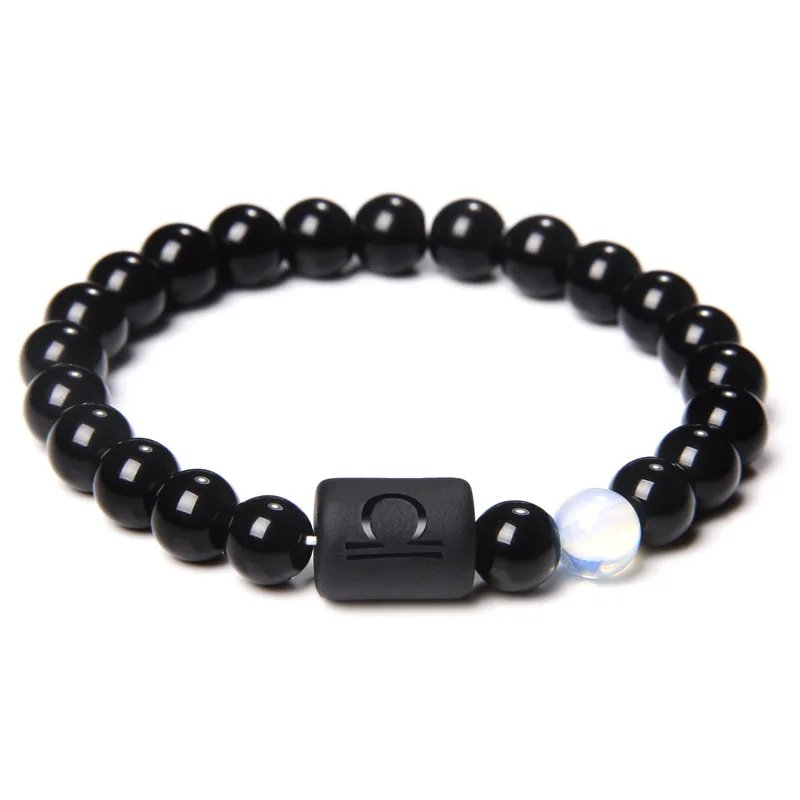 12 Constellation Zodiac Signs Beads Couples Bracelet Natural Black Onyx Stone Elastic Charm Bracelet for Women Men Birthday Gift