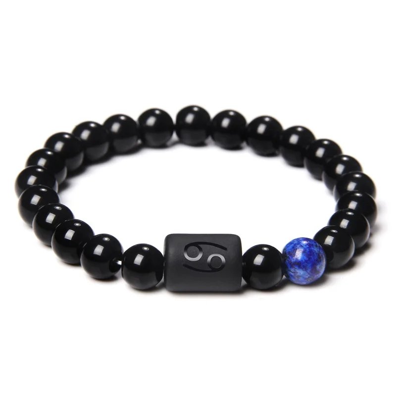 12 Constellation Zodiac Signs Beads Couples Bracelet Natural Black Onyx Stone Elastic Charm Bracelet for Women Men Birthday Gift