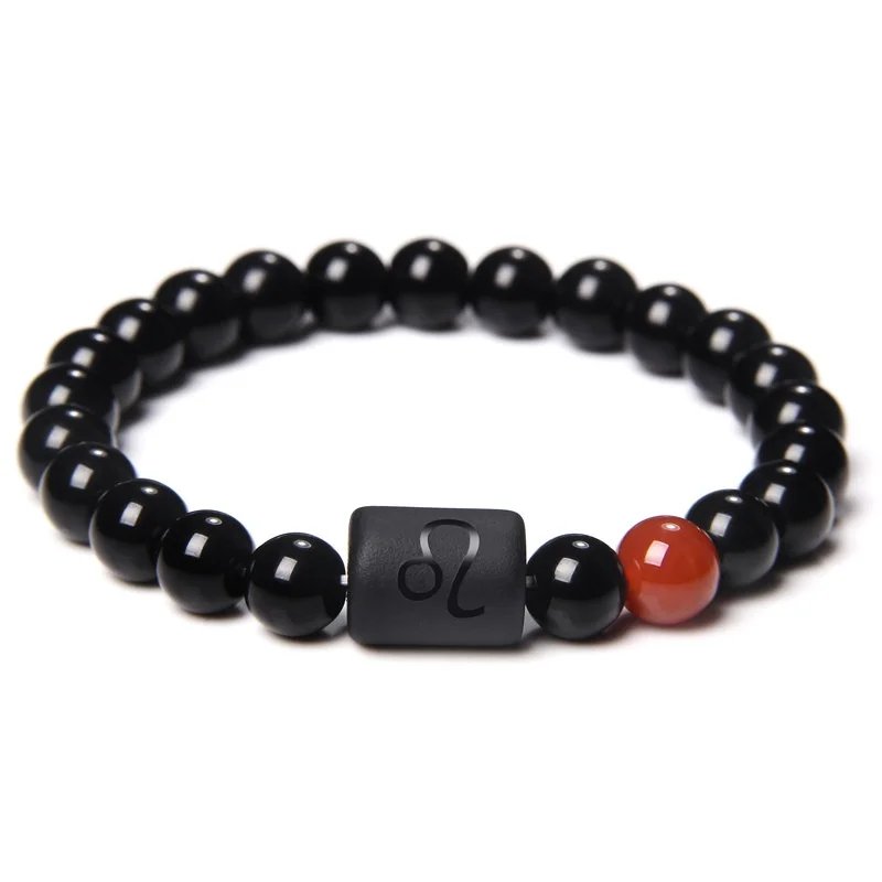 12 Constellation Zodiac Signs Beads Couples Bracelet Natural Black Onyx Stone Elastic Charm Bracelet for Women Men Birthday Gift