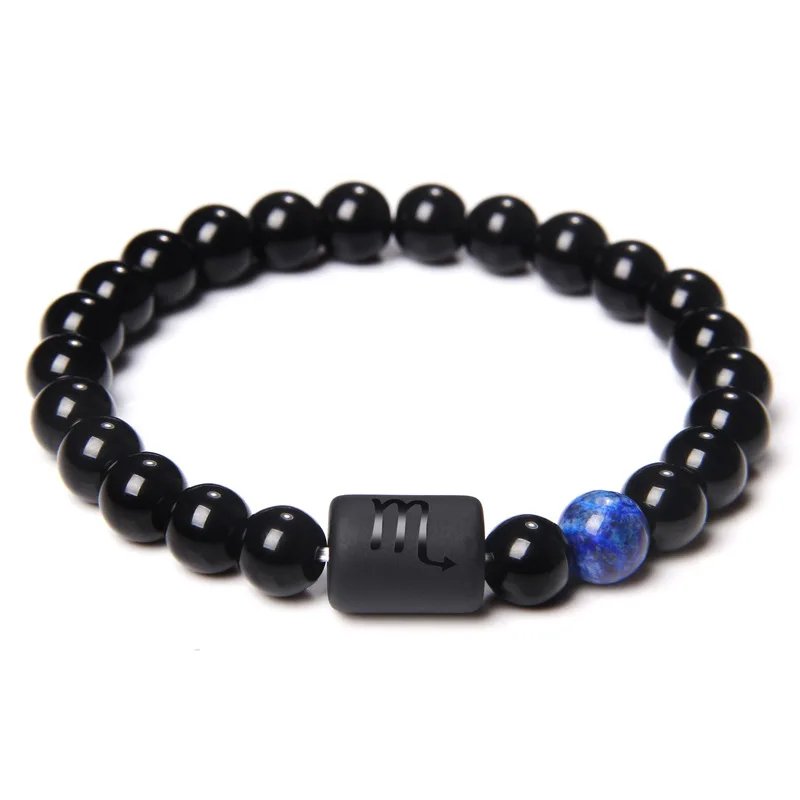 12 Constellation Zodiac Signs Beads Couples Bracelet Natural Black Onyx Stone Elastic Charm Bracelet for Women Men Birthday Gift